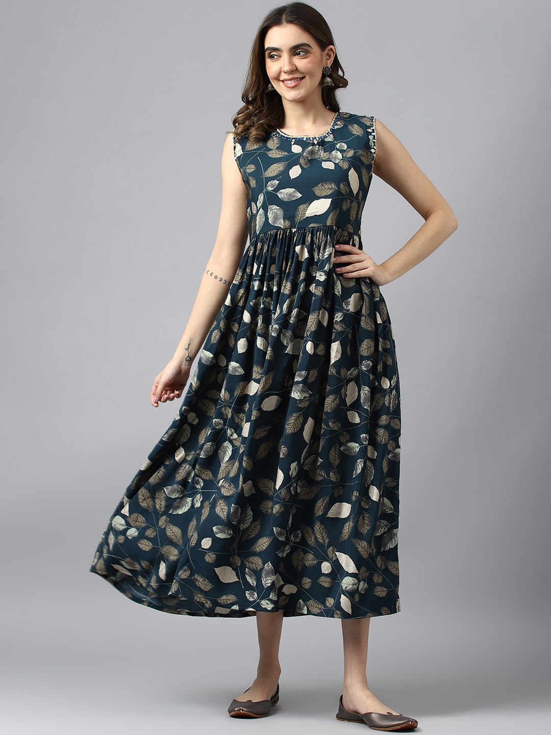 

Sangria Floral Printed Fit & Flared Ethnic Dress, Navy blue