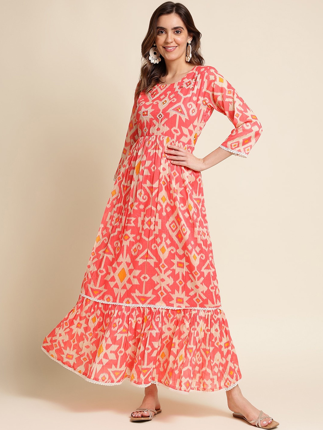 

Sangria Ethnic Motifs Printed Embroidered Empire Ethnic Dress, Coral