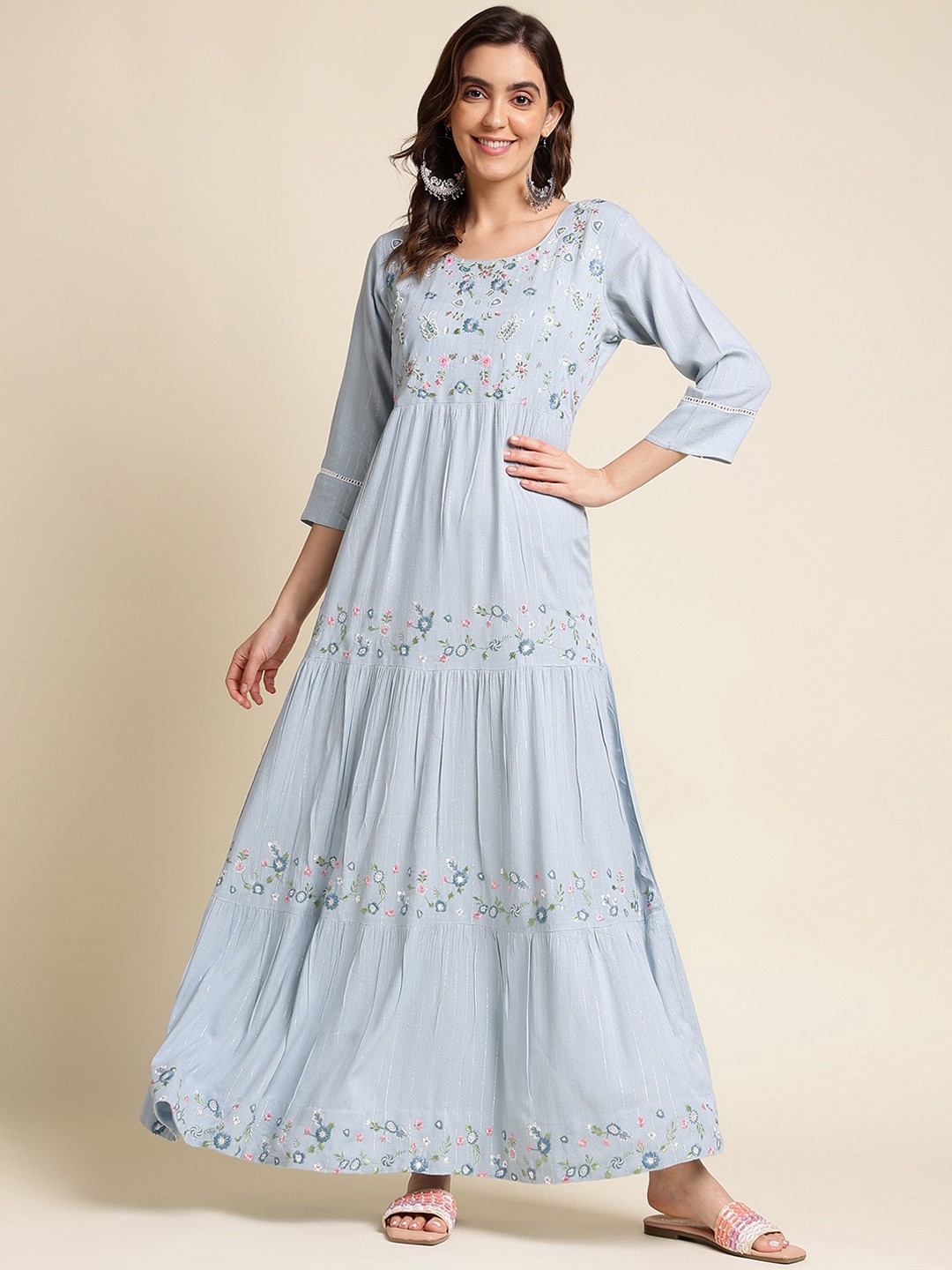 

Sangria Floral Embroidered Tiered Cotton Fit & Flare Maxi Ethnic Dresses, Blue