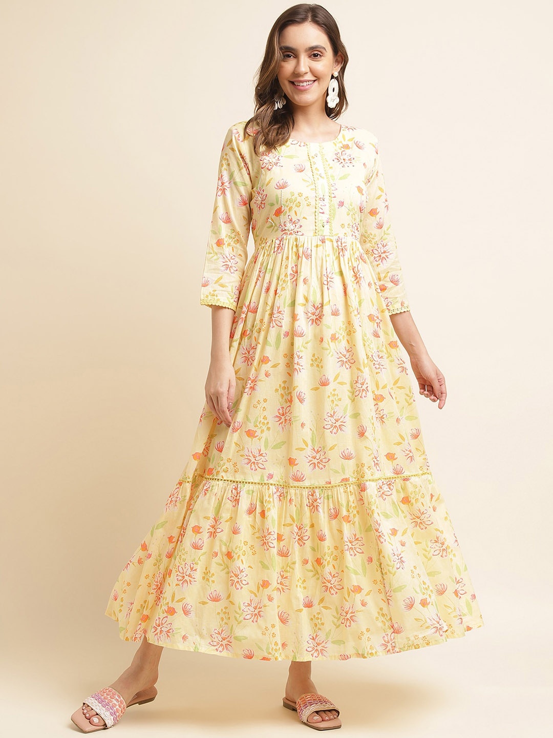 

Sangria Floral Printed Cotton Maxi Ethnic Dress, Yellow