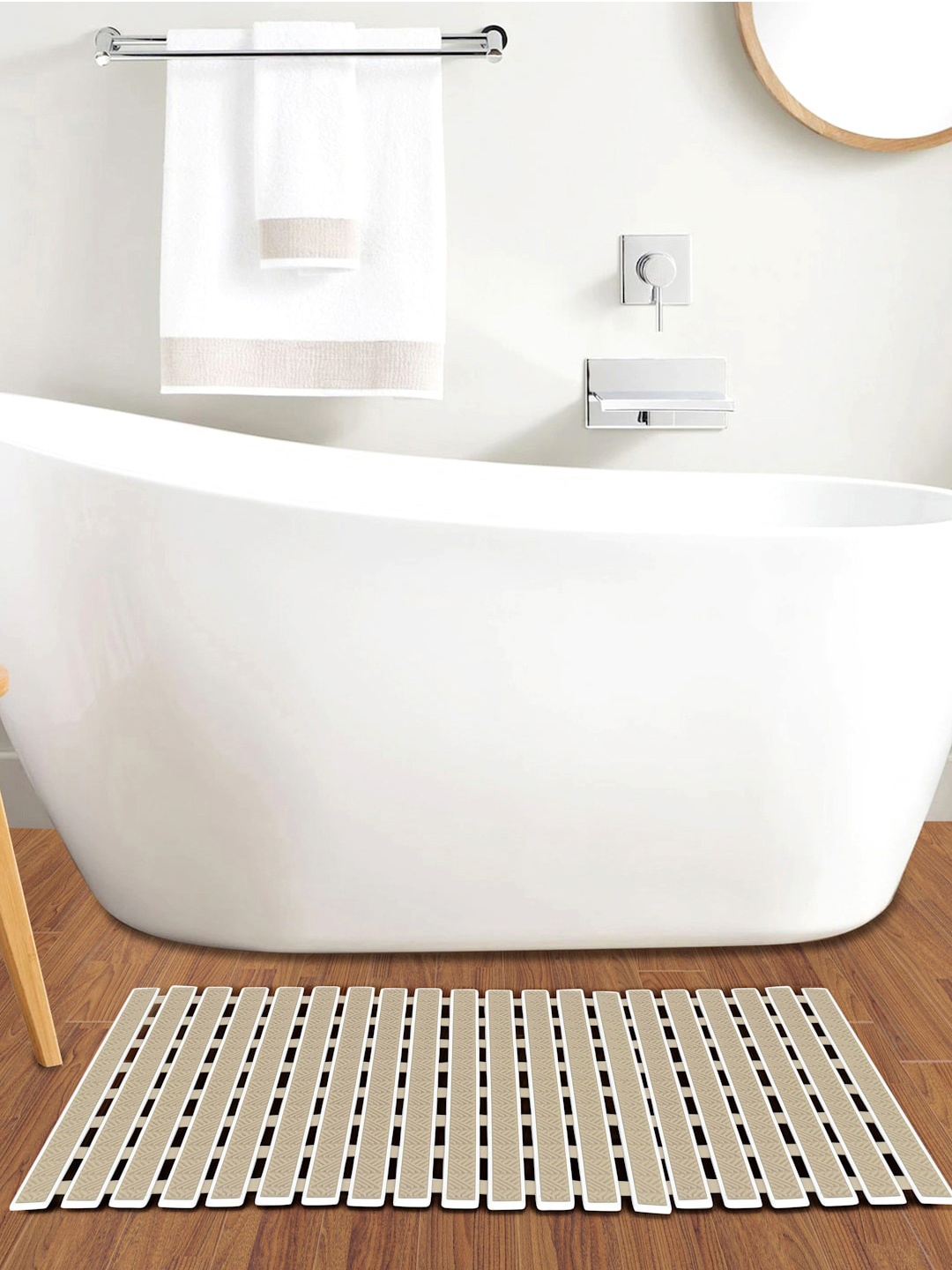 

FABINALIV Beige Striped Anti-Skid Rubber Shower Mat with Suction Cups