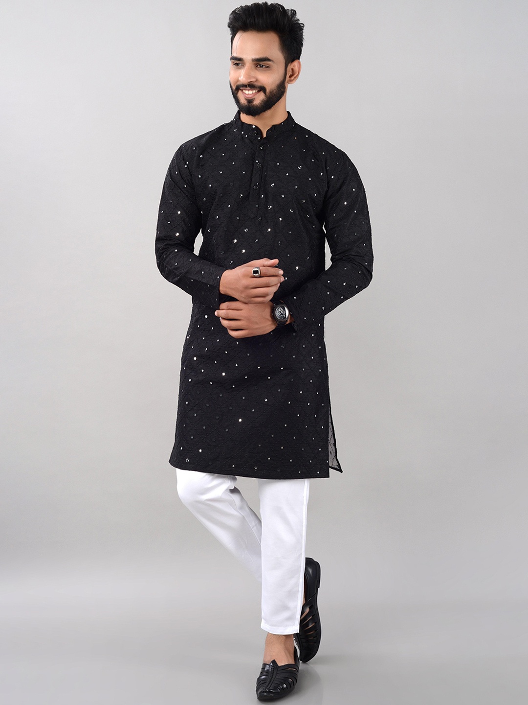 

VILLAIN Mandarin Collar Straight Kurta, Black