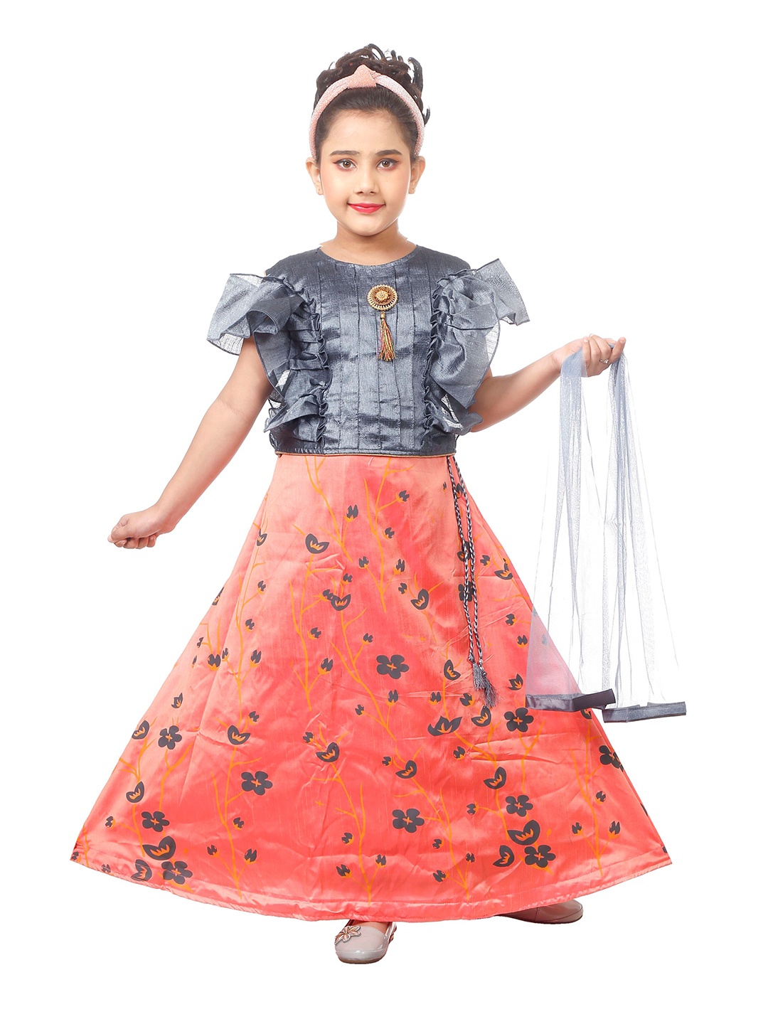 

CELEBRITY CLUB Girls Ruffled Ready to Wear Lehenga & Blouse With Dupatta, Orange