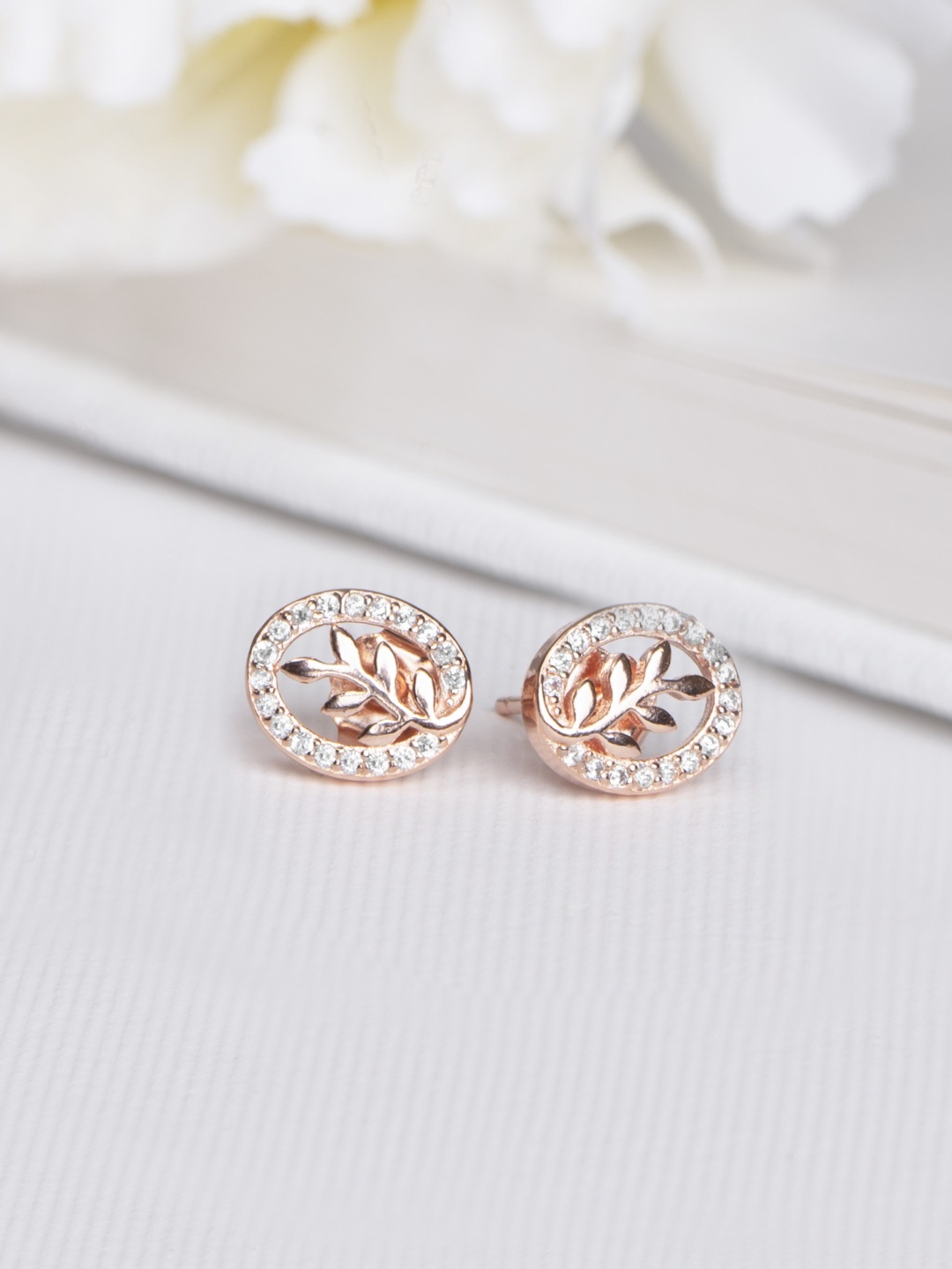 

Zavya Rose Gold-Plated CZ Studded Sterling Silver Leaf Shaped Studs Earrings