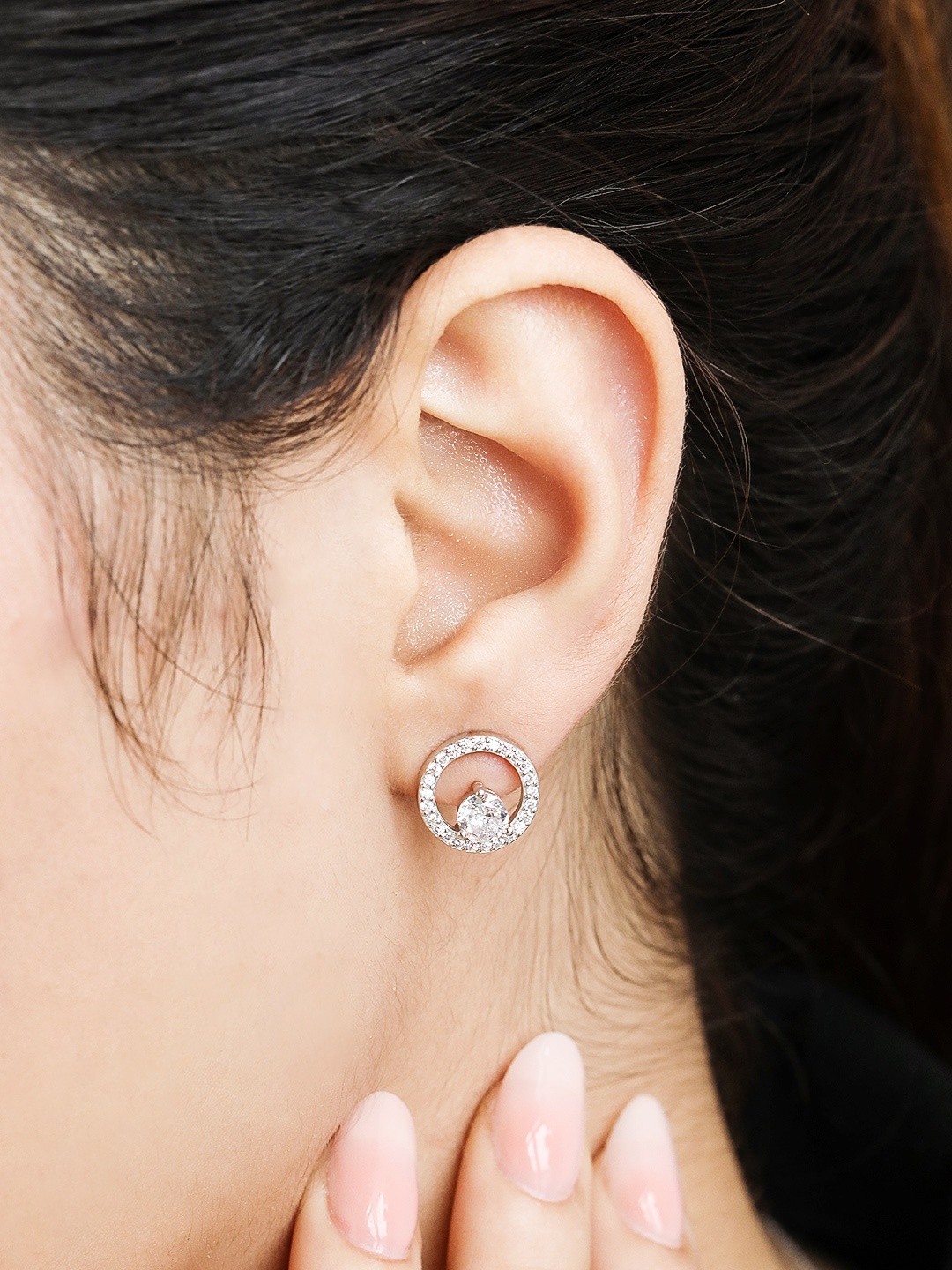 

Zavya Rhodium-Plated CZ Studded Sterling Silver Circular Studs Earrings