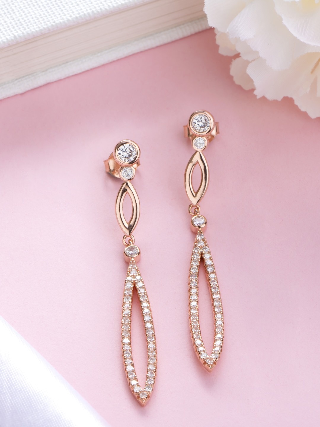 

Zavya Rose Gold-Plated CZ Studded Sterling Silver Teardrop Shaped Drop Earrings