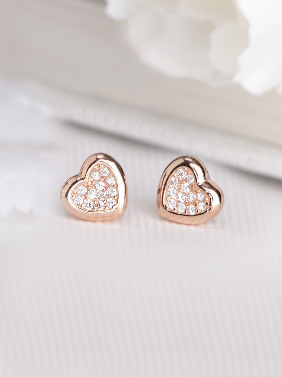 

Zavya Rose Gold-Plated CZ Studded Sterling Silver Heart Shaped Studs Earrings