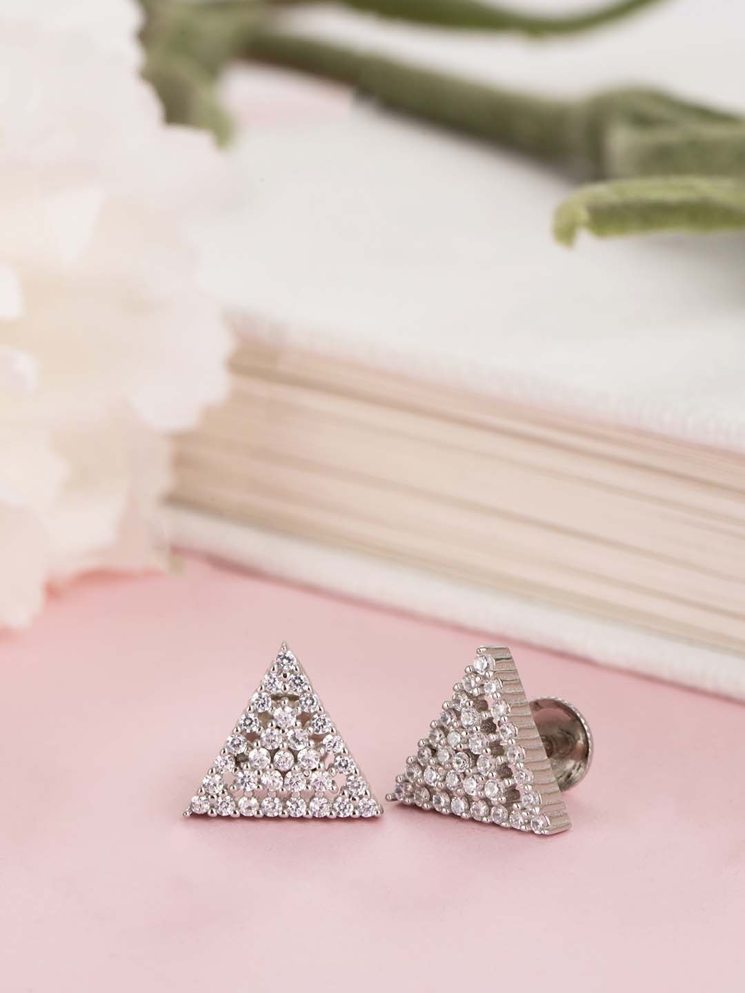 

Zavya Rhodium-Plated CZ Studded Sterling Silver Triangular Studs Earrings