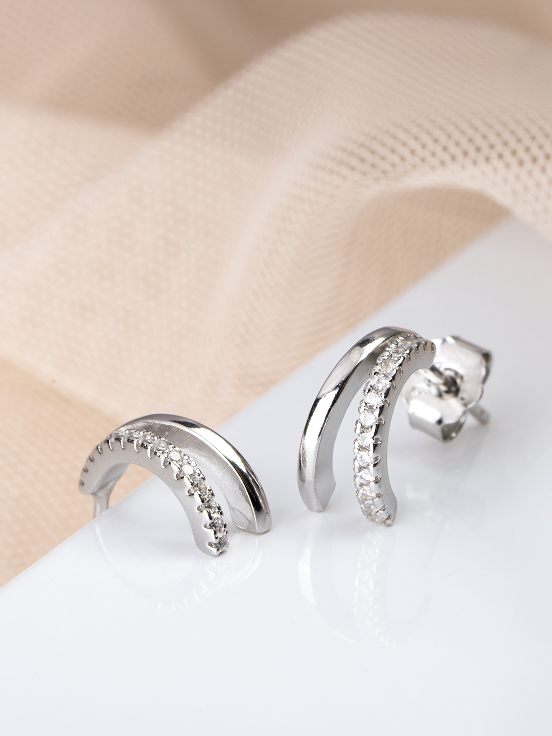 

Zavya Rhodium-Plated CZ Studded Sterling Silver Contemporary Half Hoop Earrings