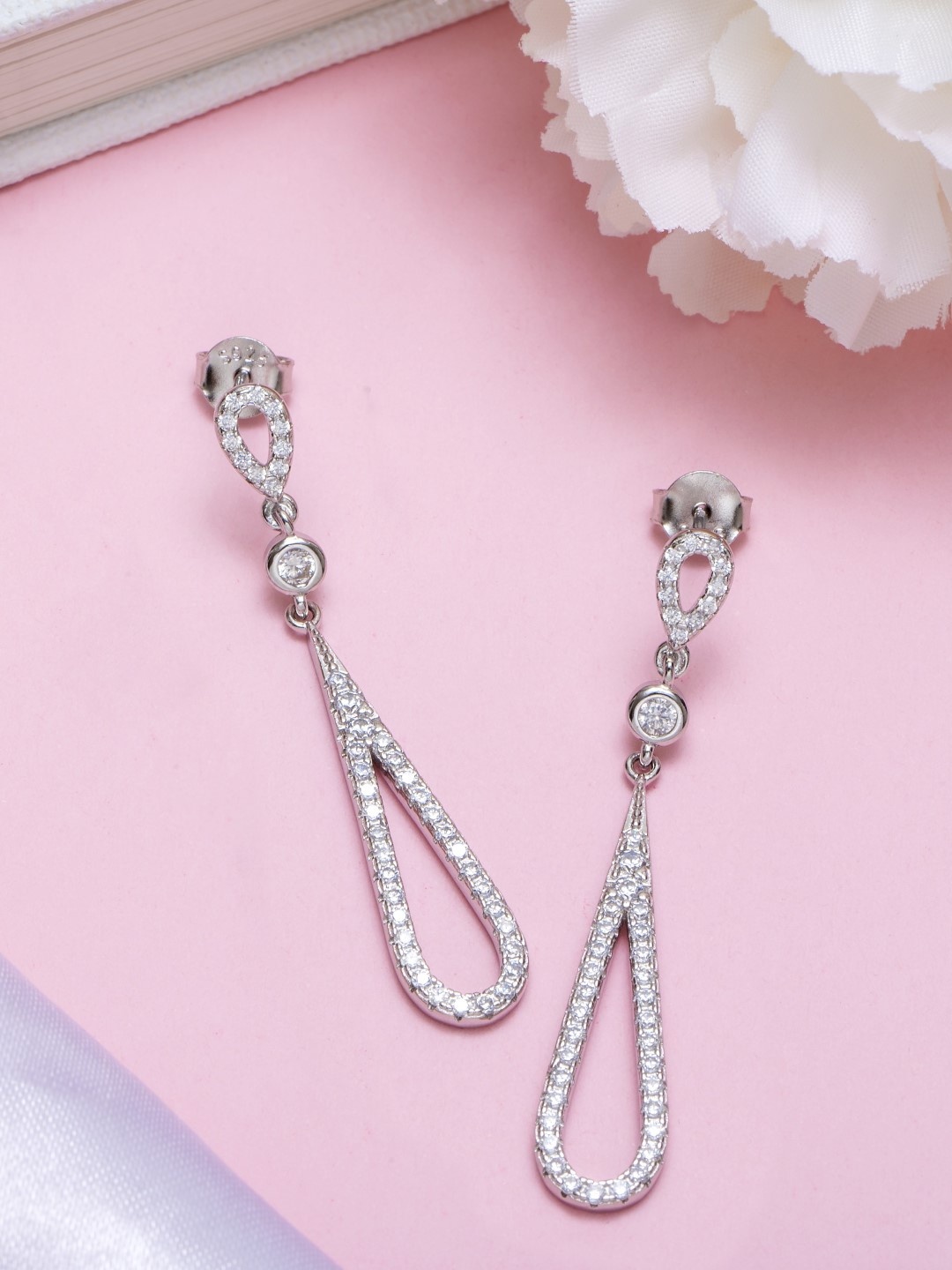 

Zavya Rhodium-Plated CZ Studded Sterling Silver Teardrop Shaped Drop Earrings