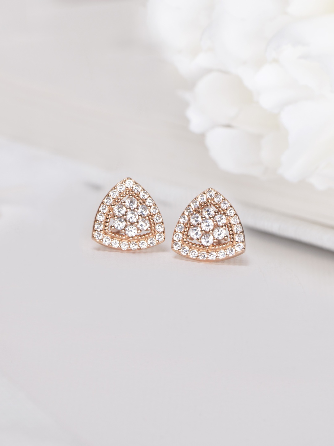 

Zavya Rose Gold-Plated CZ Studded Sterling Silver Triangular Studs Earrings