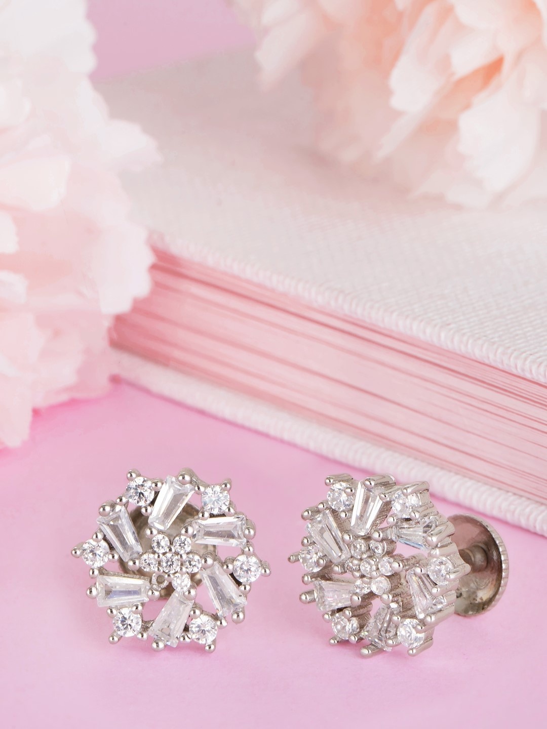 

Zavya Rhodium-Plated CZ Studded Sterling Silver Circular Studs Earrings