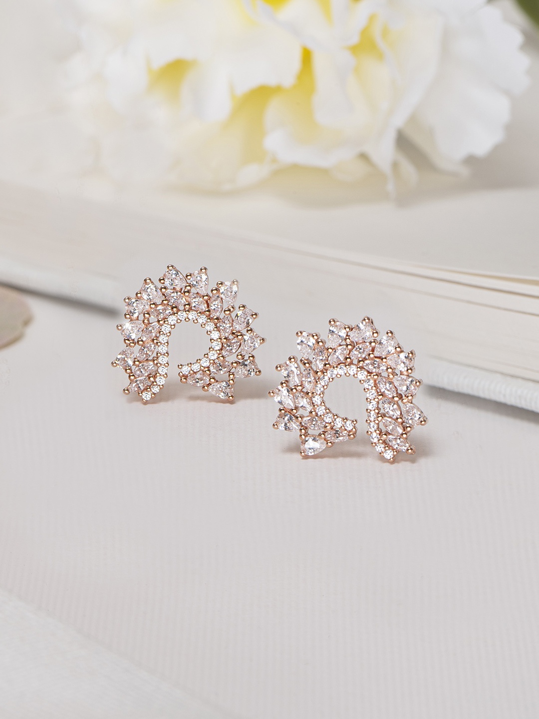 

Zavya Rose Gold-Plated CZ Studded Sterling Silver Floral Studs Earrings