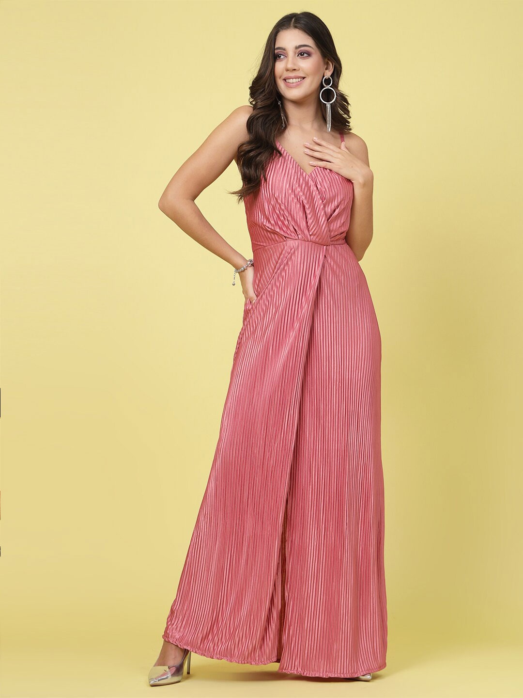 

Molly & Michel Accordion Pleated Shoulder Strapped Satin Maxi Dress, Pink