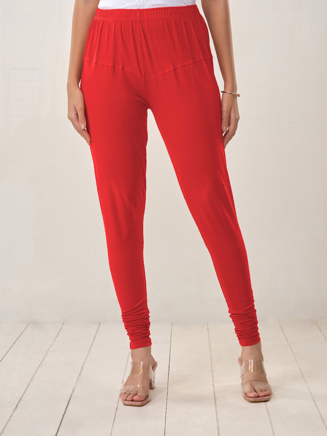 

LYRA Women Mid-Rise Bio-Wash Churidar Length Leggings, Red
