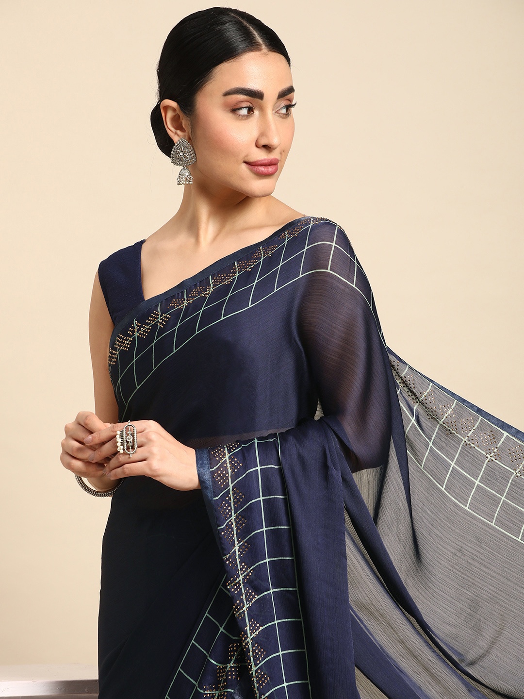 

HERE&NOW Solid Stones-Studded Pure Crepe Saree, Teal