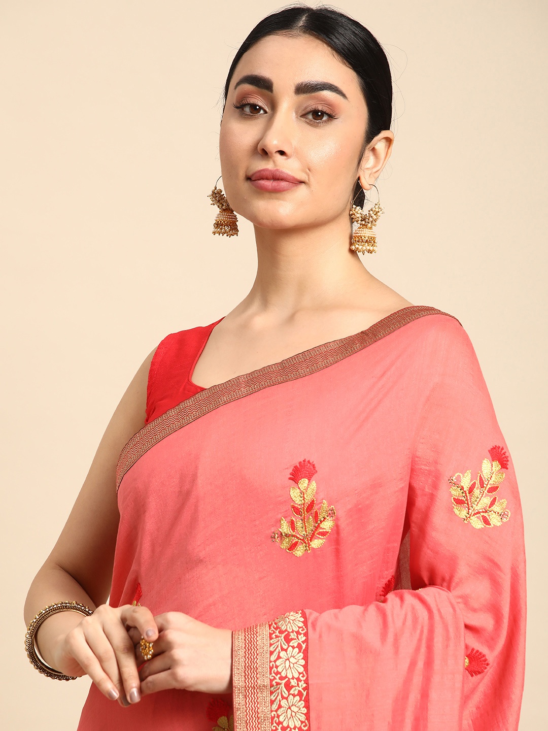 

HERE&NOW Ethnic Motifs Woven Design Stones-Studded Saree, Pink