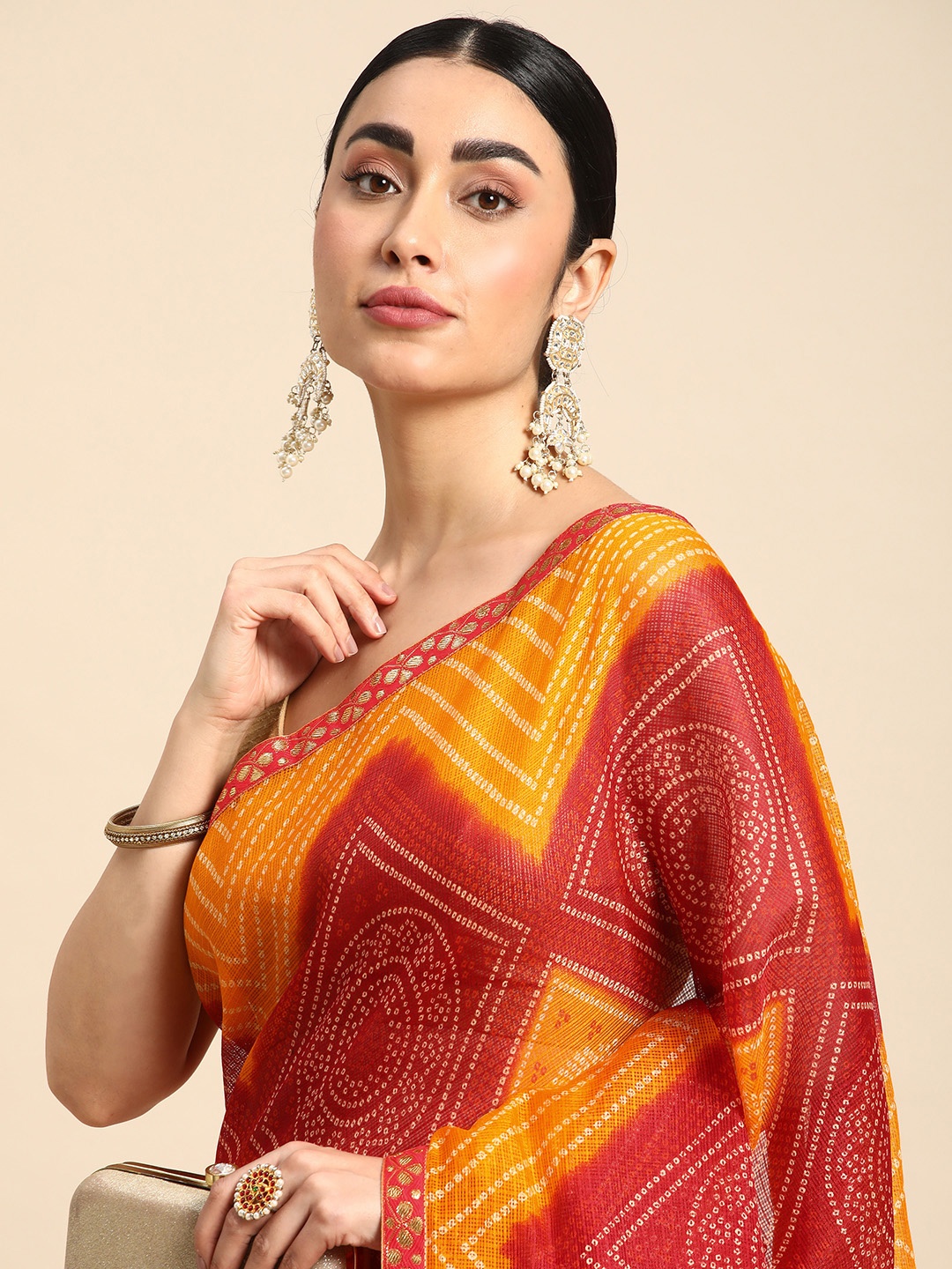 

HERE&NOW Bandhani Printed Zari Pure Silk Saree, Red