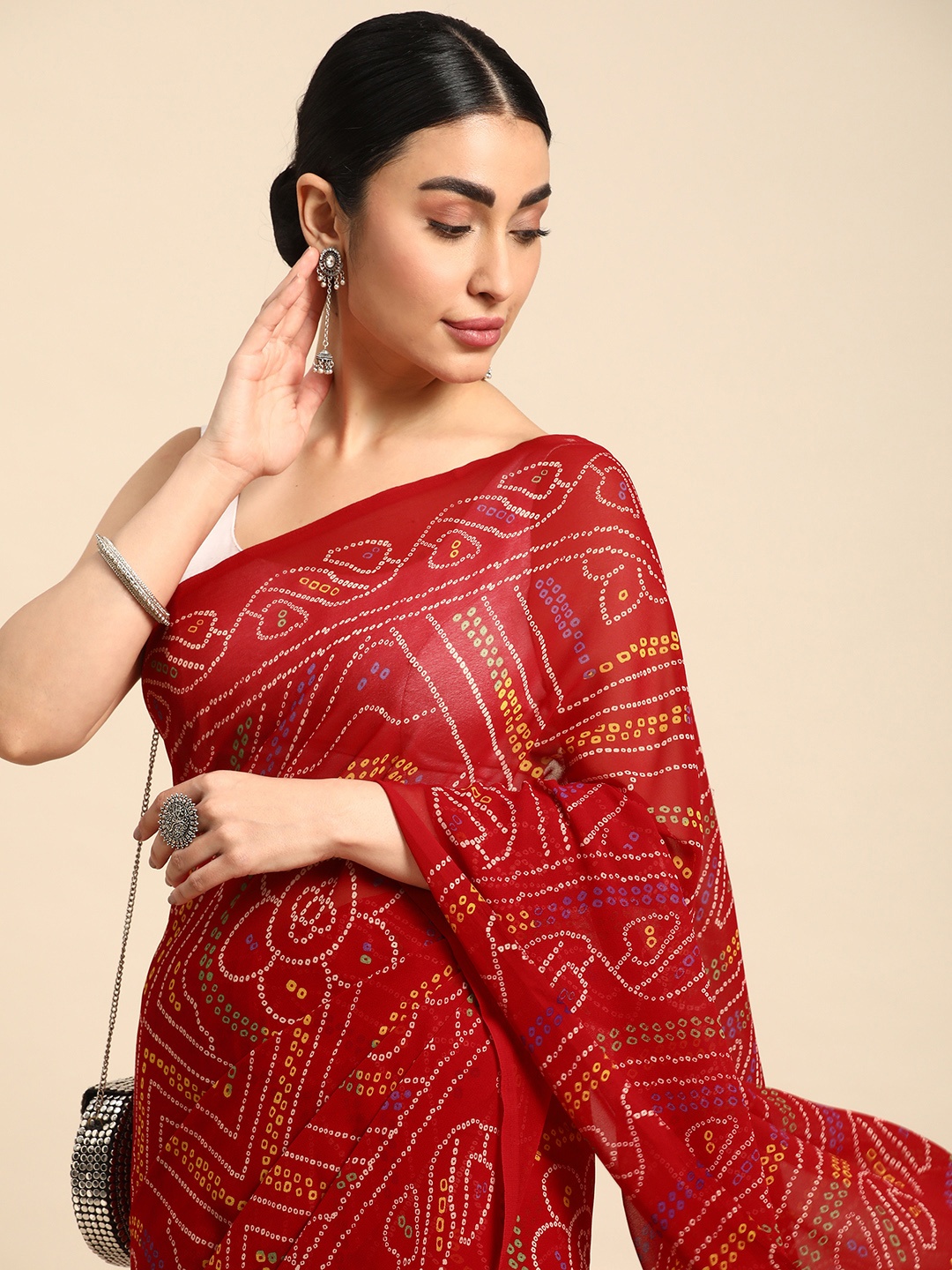 

HERE&NOW Bandhani Printed Pure Silk Saree, Red