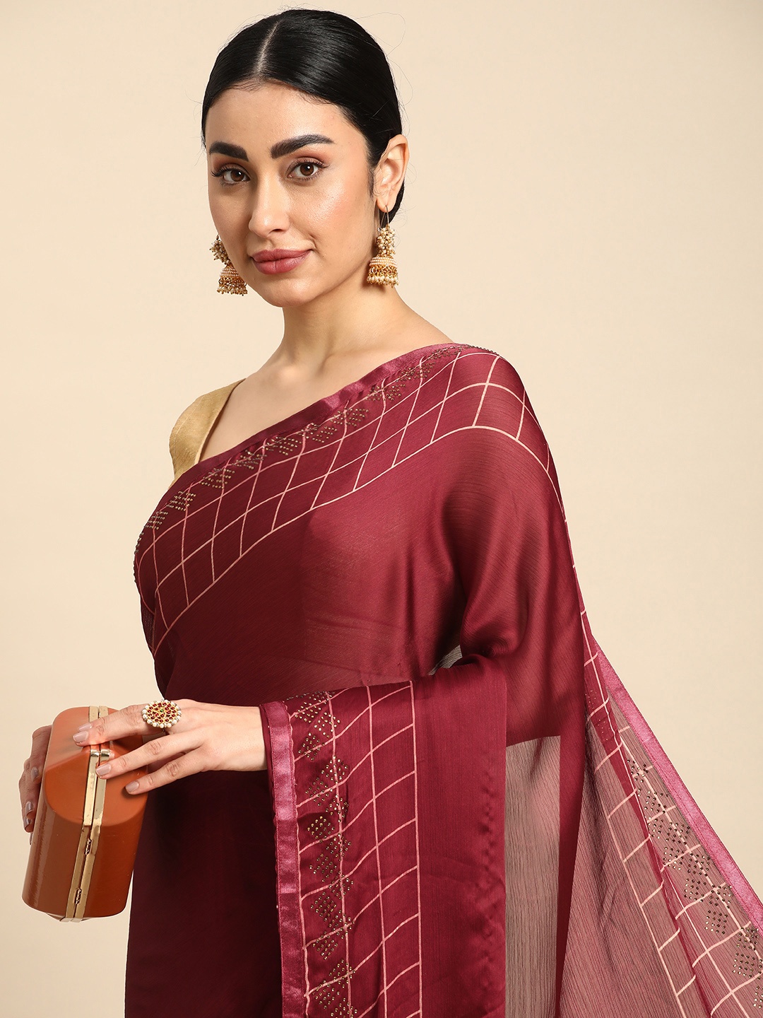 

HERE&NOW Solid Stones-Studded Pure Crepe Saree, Maroon