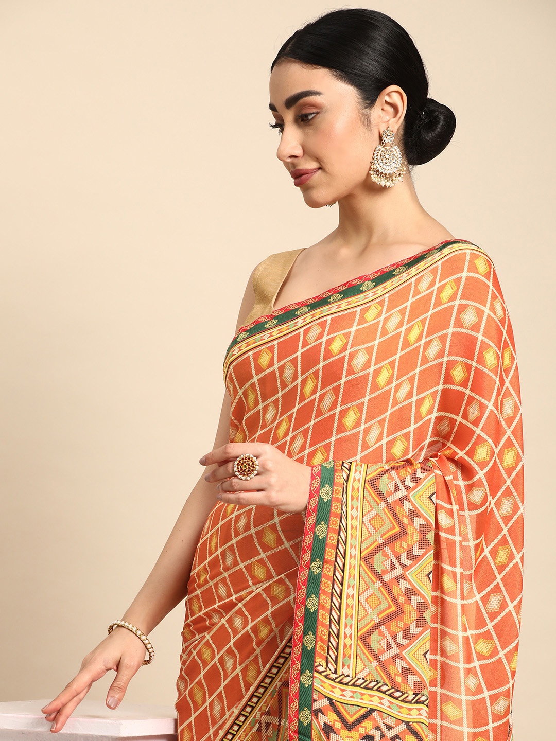 

HERE&NOW Geometric Printed Pure Cotton Saree, Orange