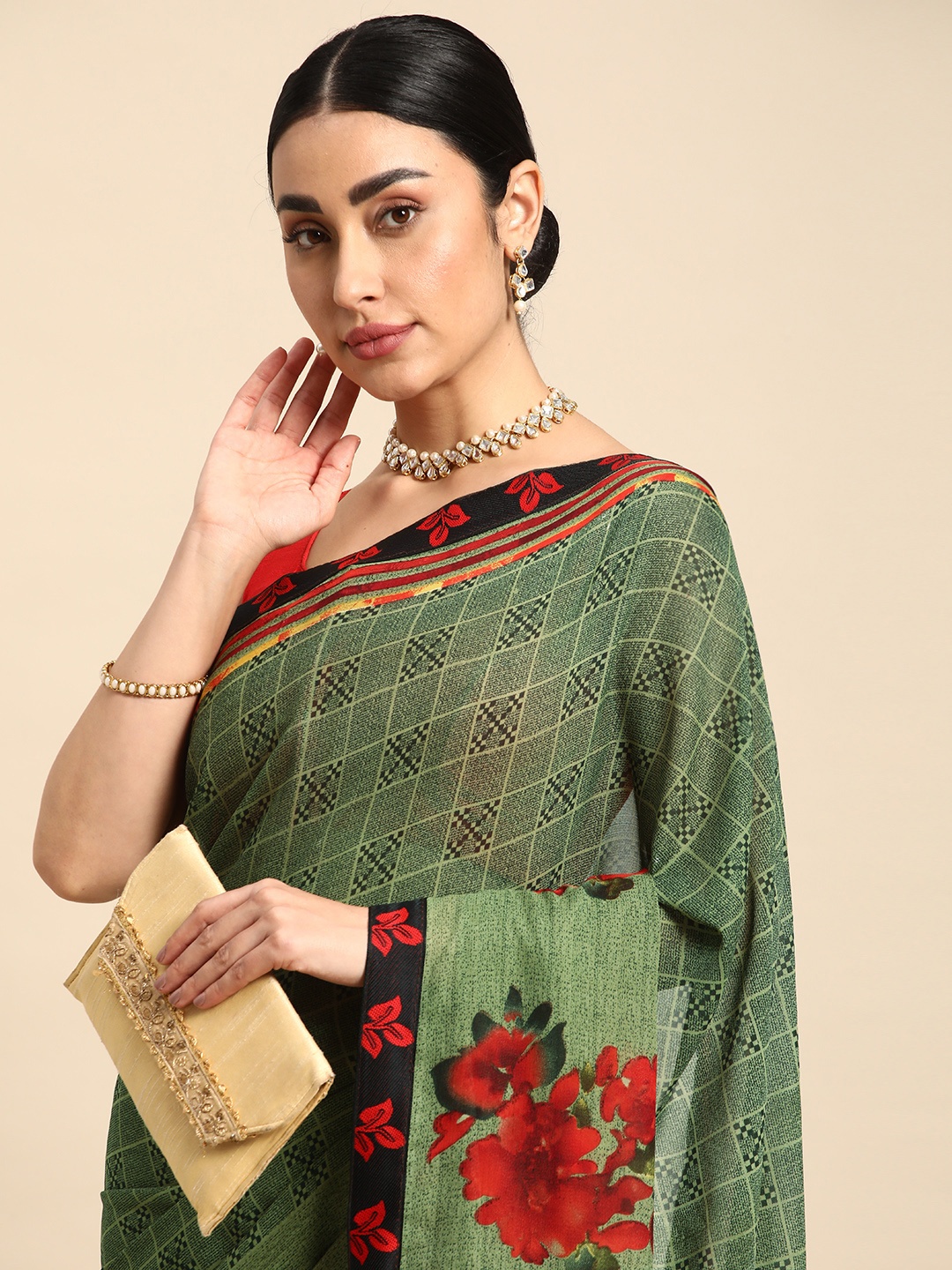 

HERE&NOW Abstract Printed Pure Georgette Saree, Green