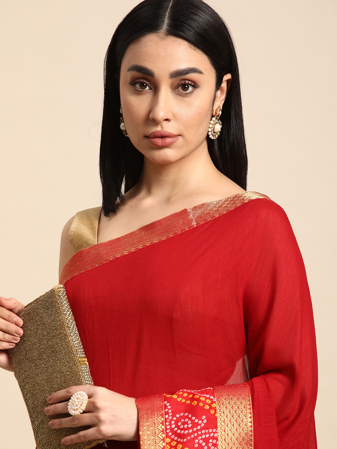 

HERE&NOW Solid Zari Saree, Red