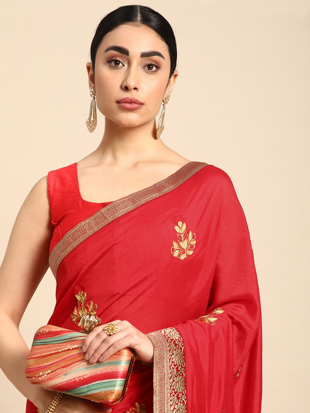 

HERE&NOW Ethnic Motifs Woven Design Stones-Studded Saree, Red