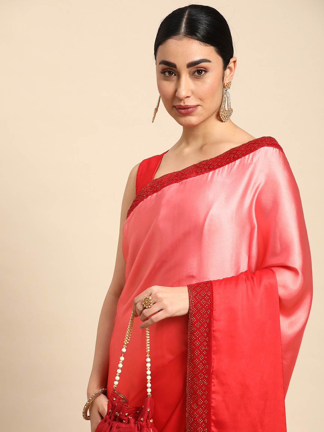 

HERE&NOW Ombre Printed Stones-Studded Pure Silk Saree, Red