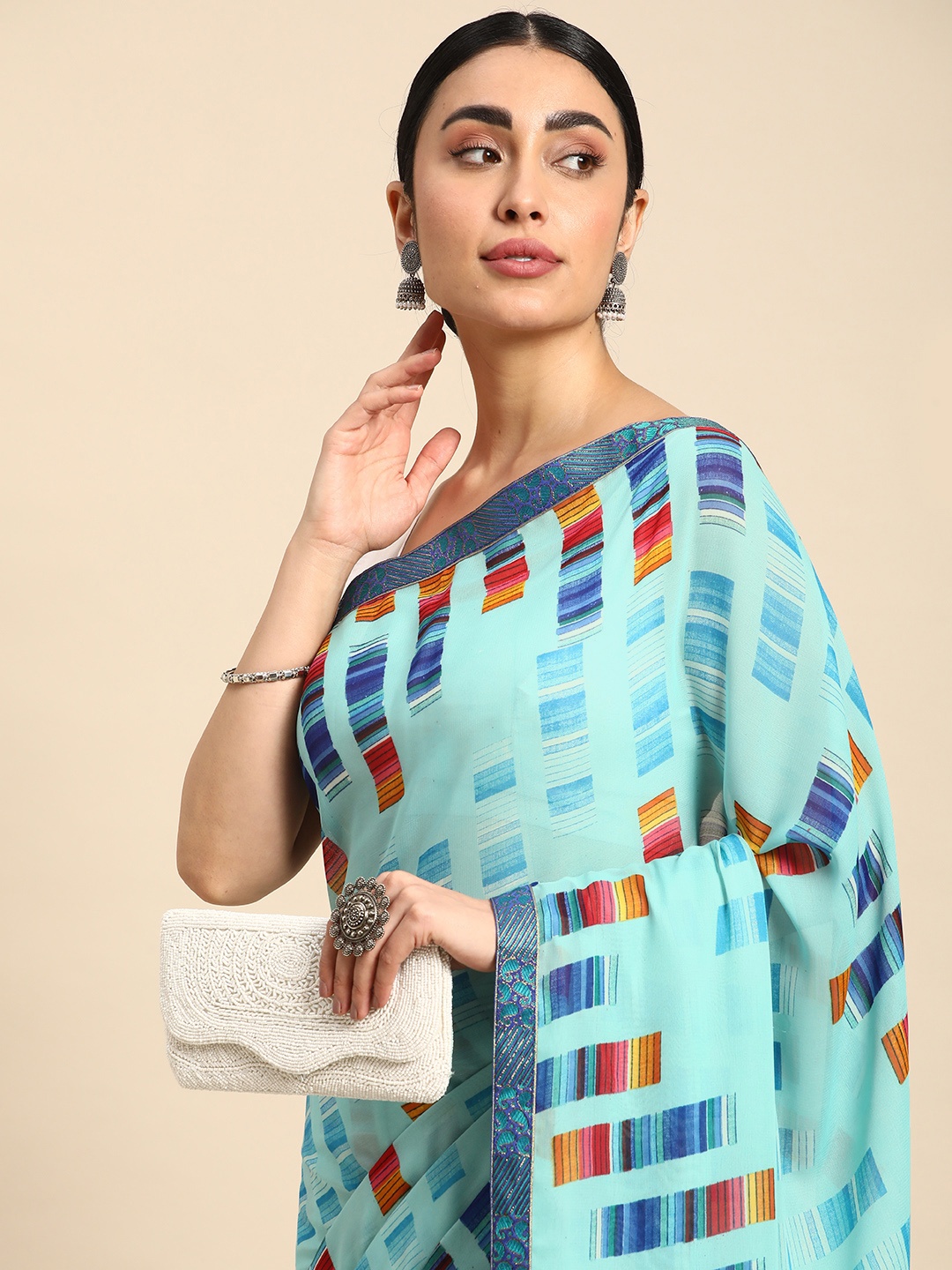 

HERE&NOW Geometric Printed Pure Georgette Saree, Blue