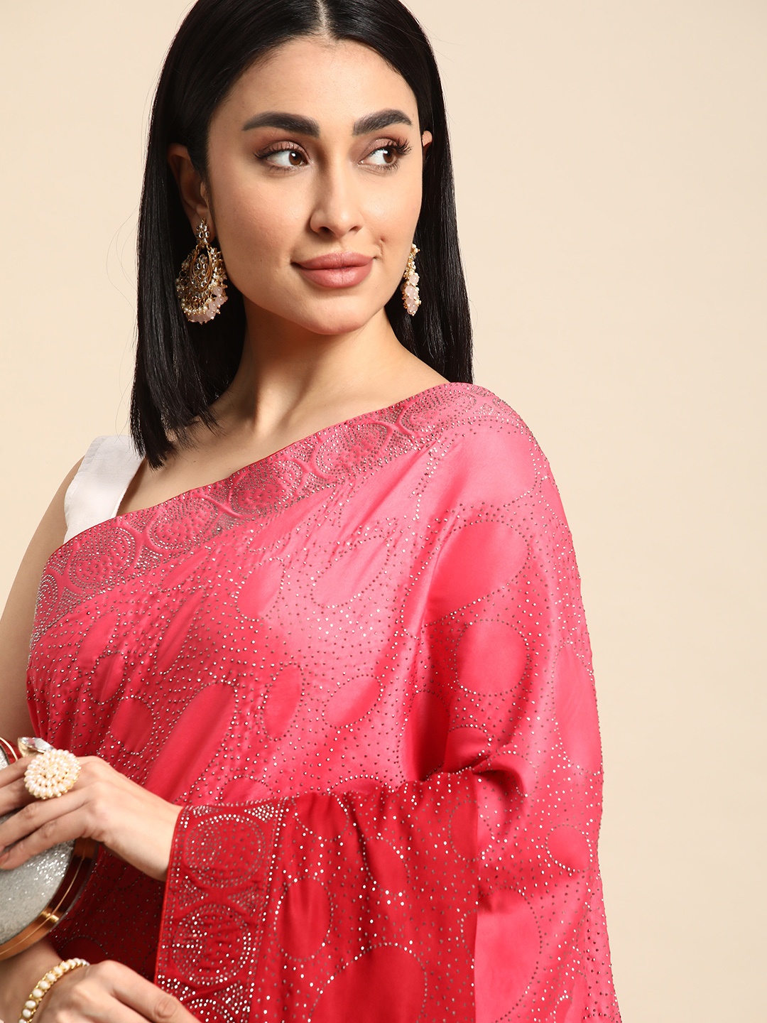 

HERE&NOW Embellished Stones-Studded Pure Silk Saree, Red