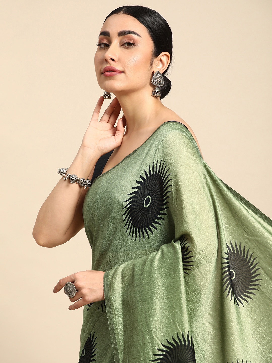 

HERE&NOW Geometric Printed Pure Cotton Saree, Sea green