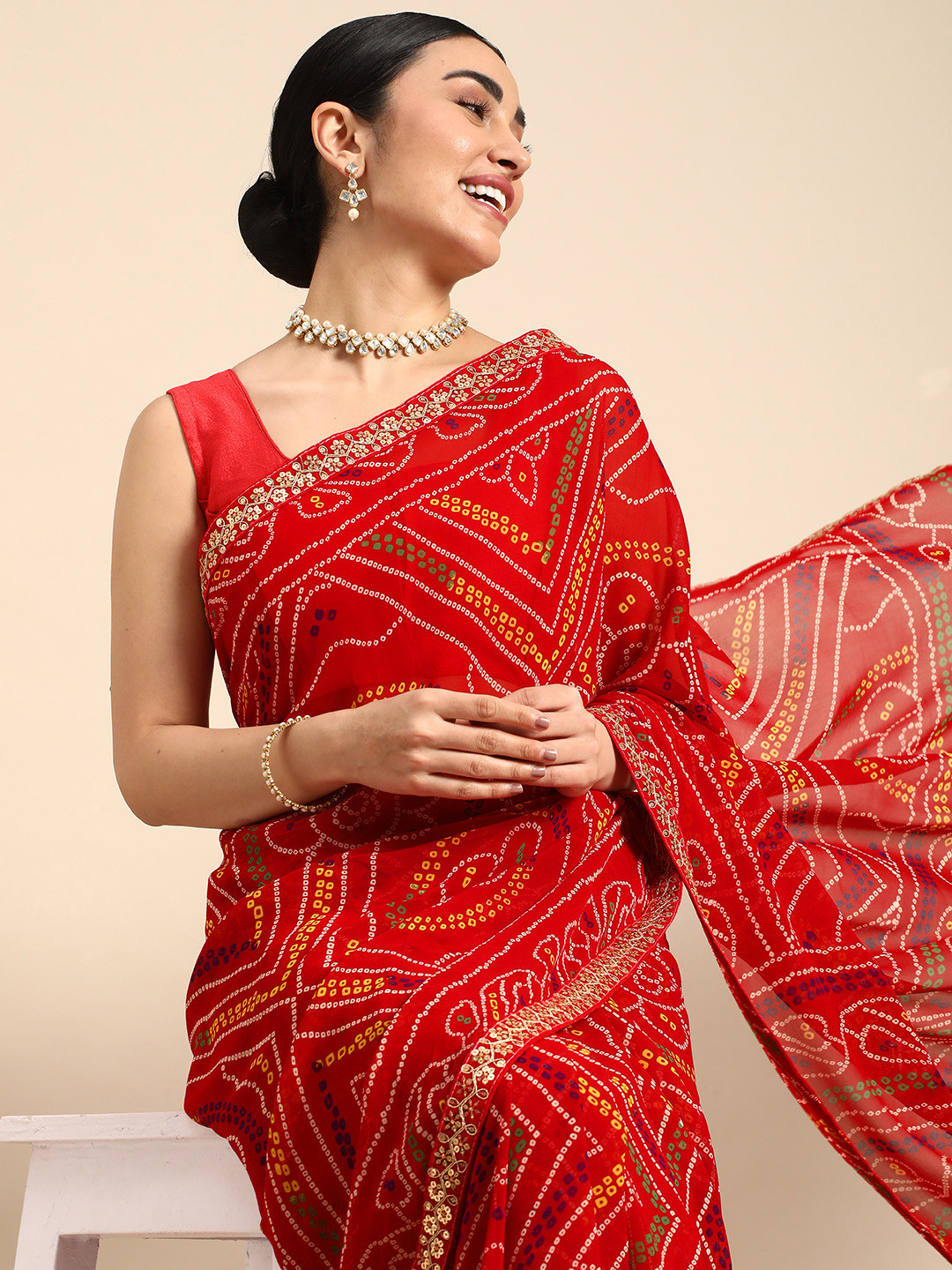 

HERE&NOW Bandhani Printed Sequinned Pure Silk Saree, Red