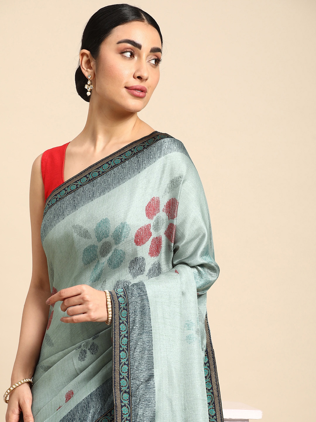 

HERE&NOW Floral Woven Design Pure Cotton Saree, Blue