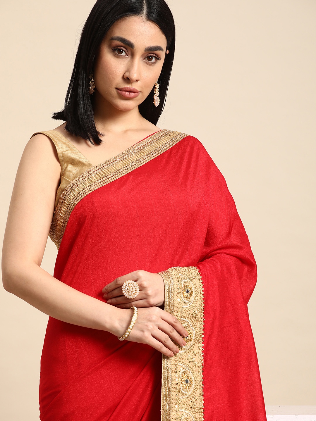 

HERE&NOW Solid Stones-Studded Saree, Red