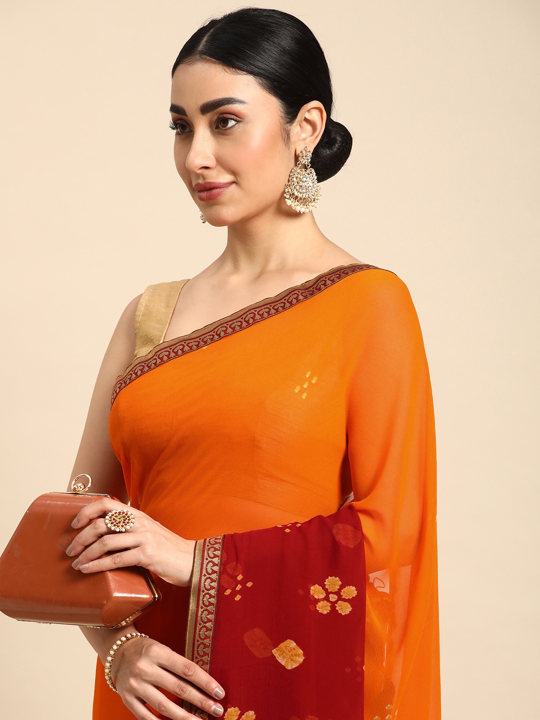 HERE&NOW Floral Printed Pure Georgette Saree, Maroon