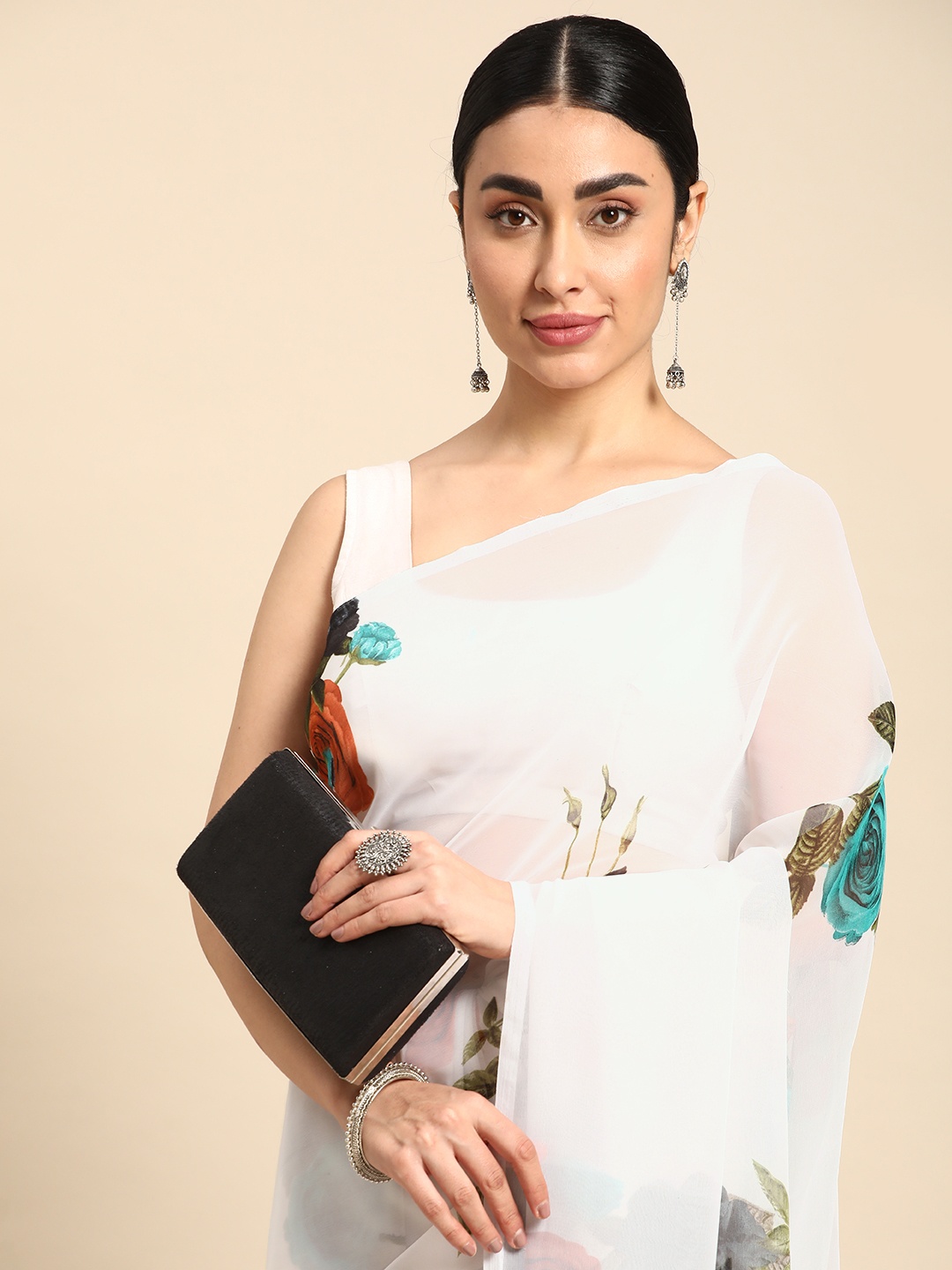 

HERE&NOW Floral Printed Pure Georgette Saree, White