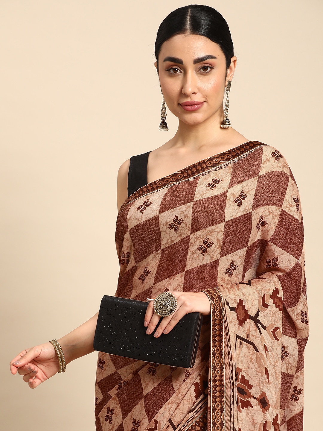 

HERE&NOW Ethnic Motifs Printed Pure Cotton Saree, Beige