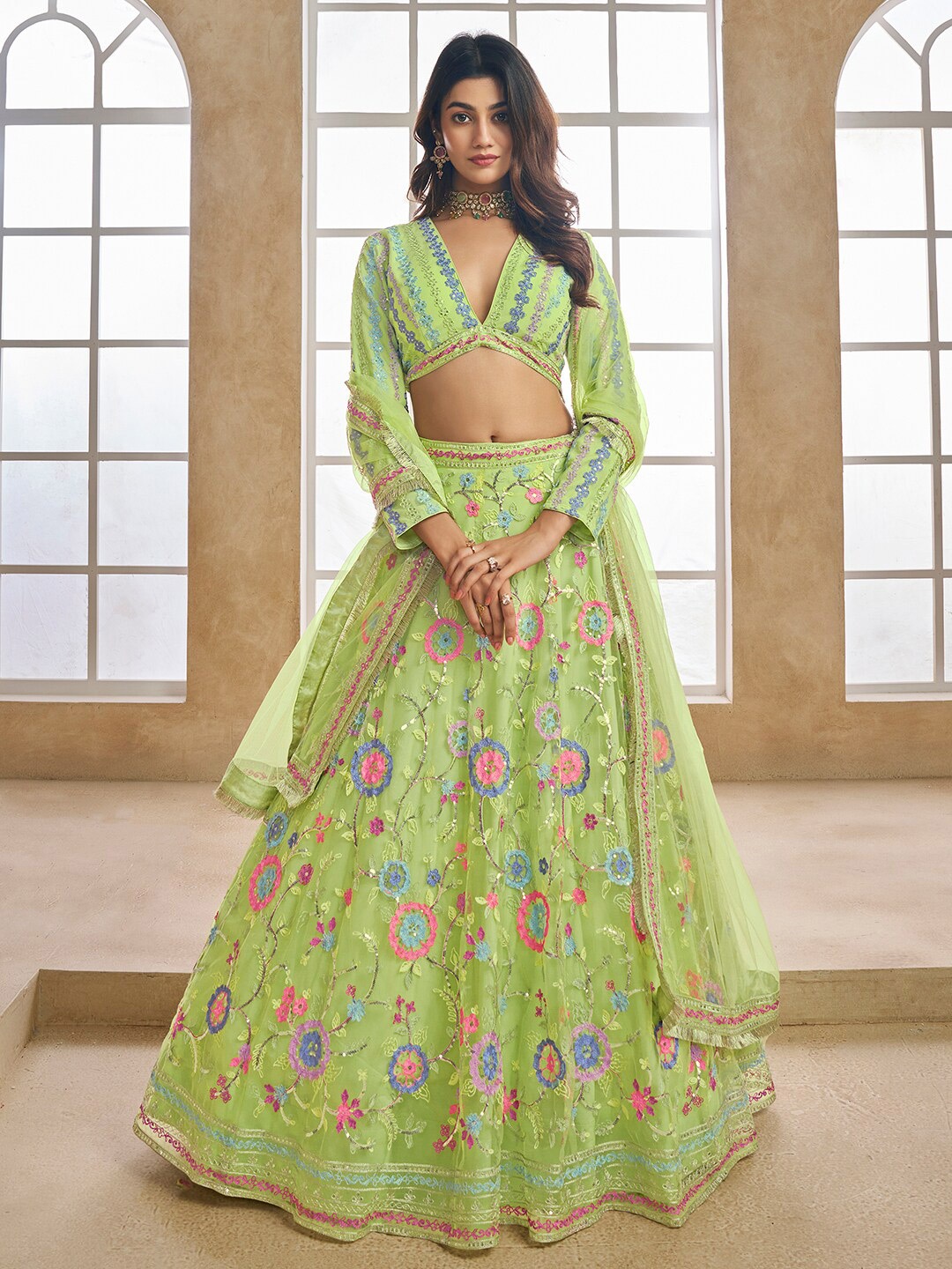 

Inddus Floral Embroidered Semi-Stitched Lehenga & Unstitched Blouse With Dupatta, Green