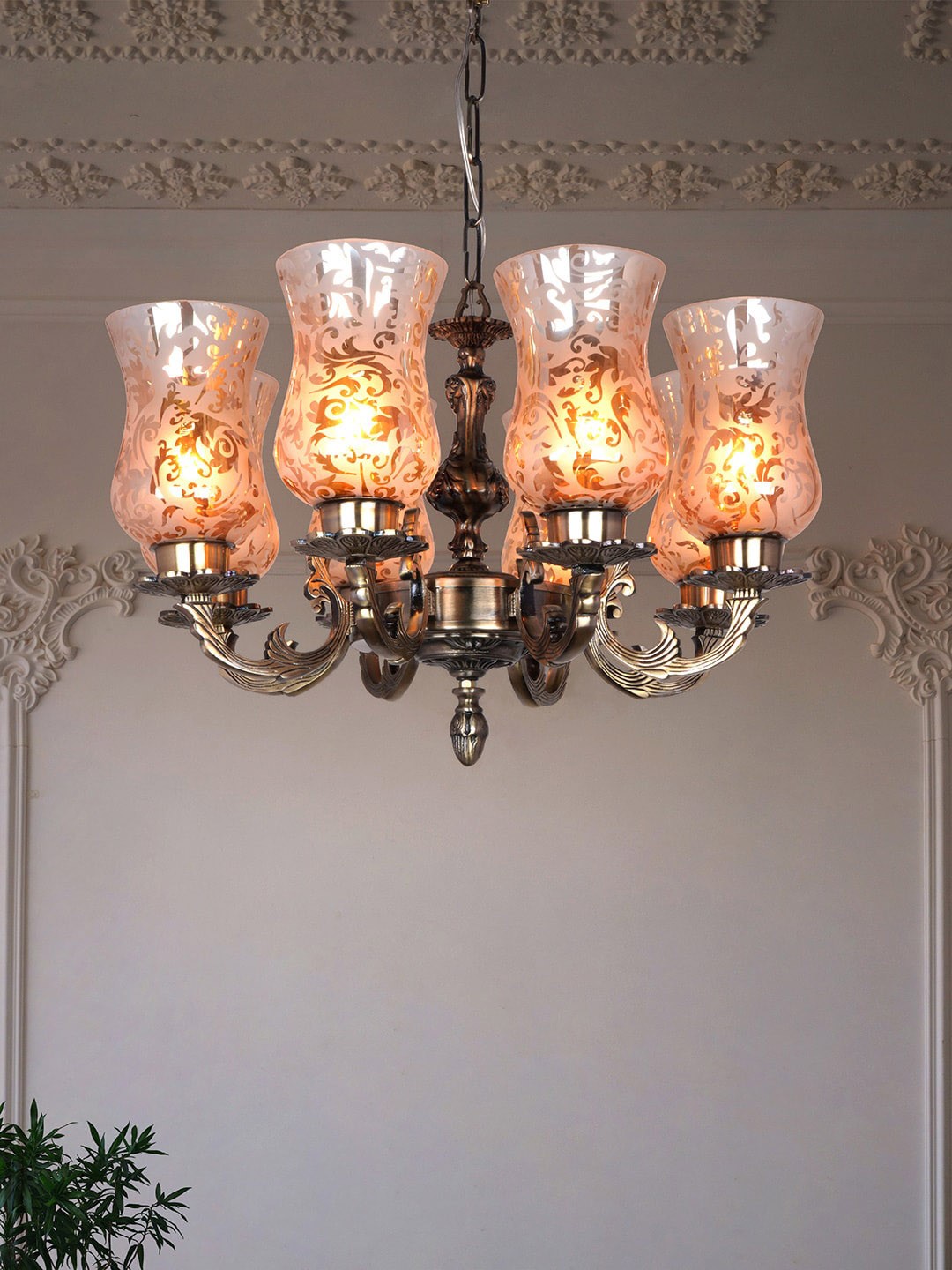 

Fos Lighting Golden & White Aluminium Chandelier With Luster Etched Glass Ceiling Lamp, Gold