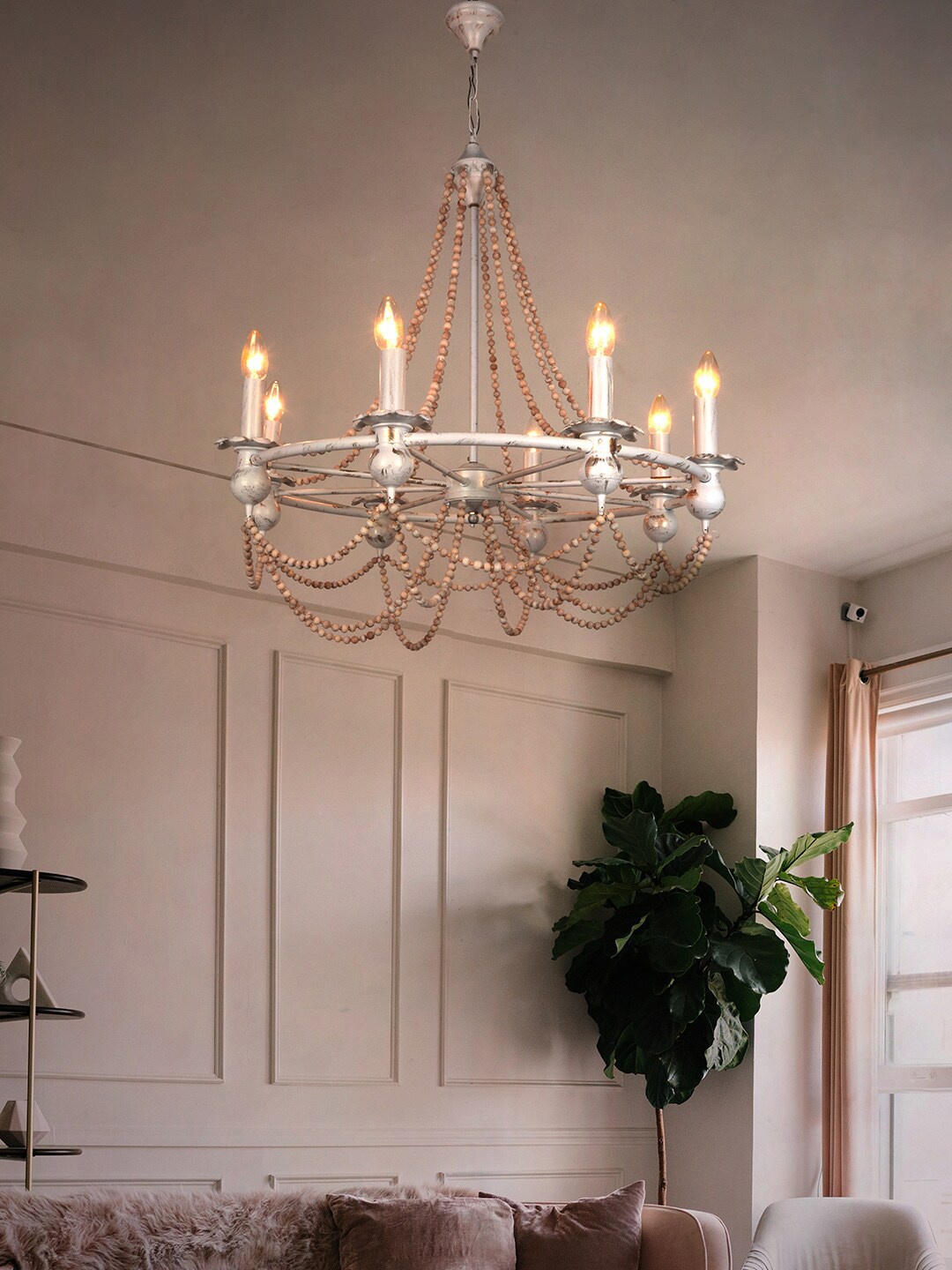 

Fos Lighting Golden & White Steel Chandelier With Round Beaded Cords Ceiling Lamp