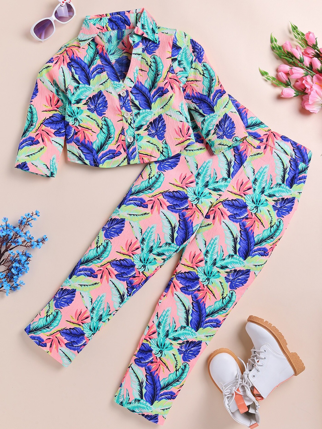 

YK Girls Floral Printed Shirt with Palazzos, Pink