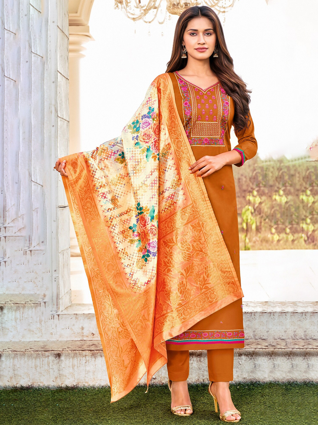 

Vaidehi Fashion Floral Embroidered Unstitched Dress Material, Orange