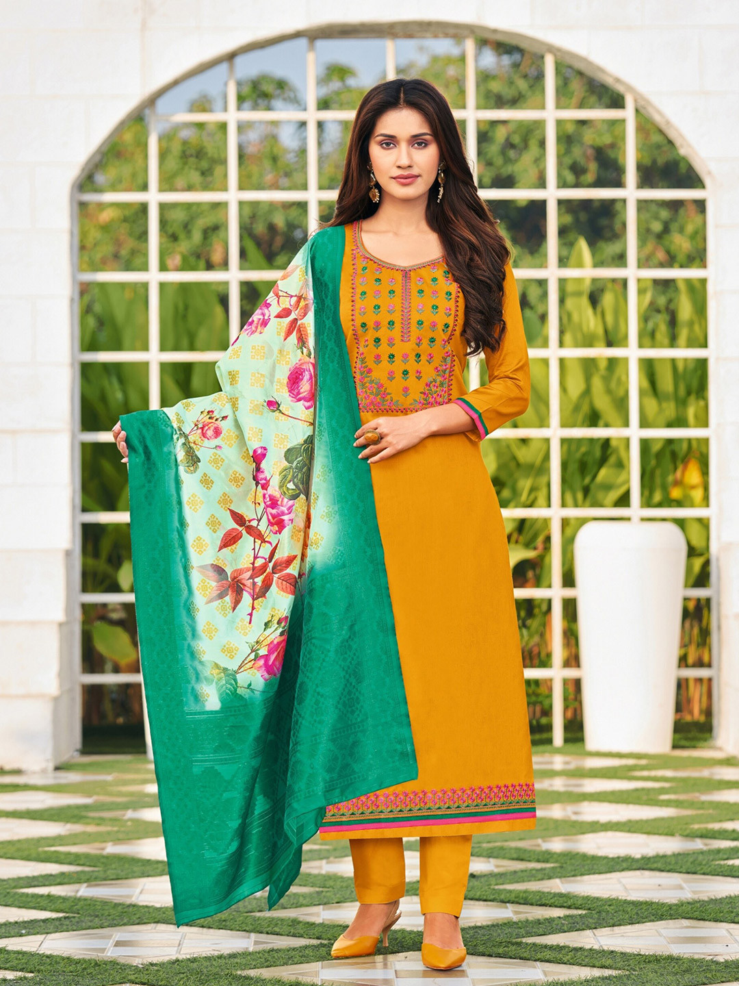 

Vaidehi Fashion Floral Embroidered Unstitched Dress Material, Yellow