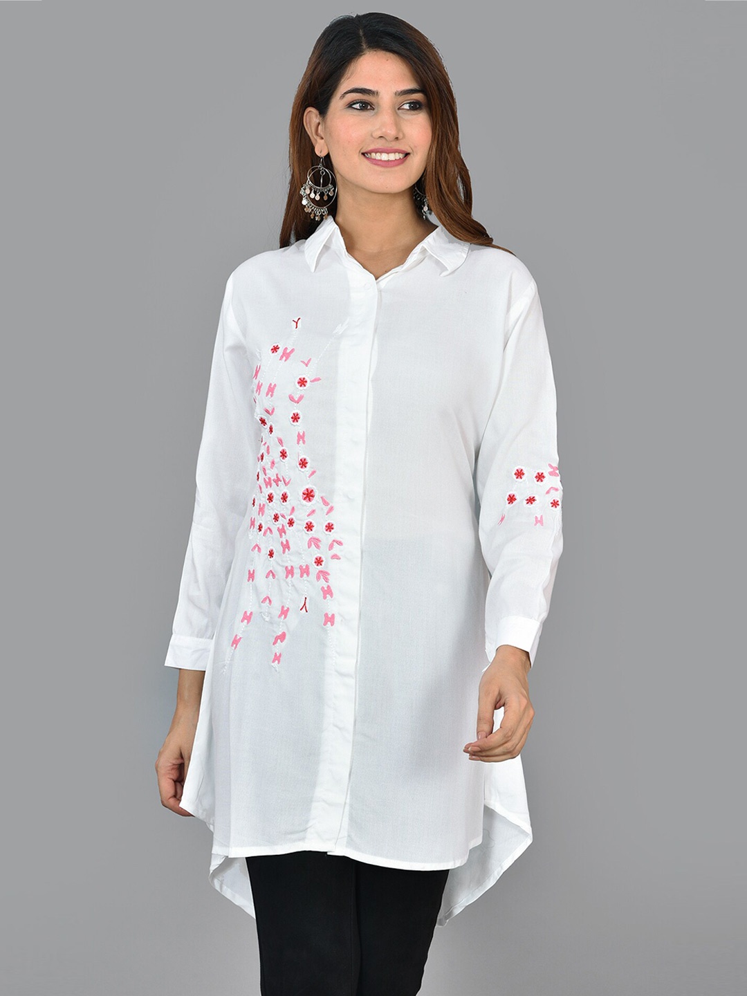 

KALINI Floral Embroidered Shirt Collar Tunic, White