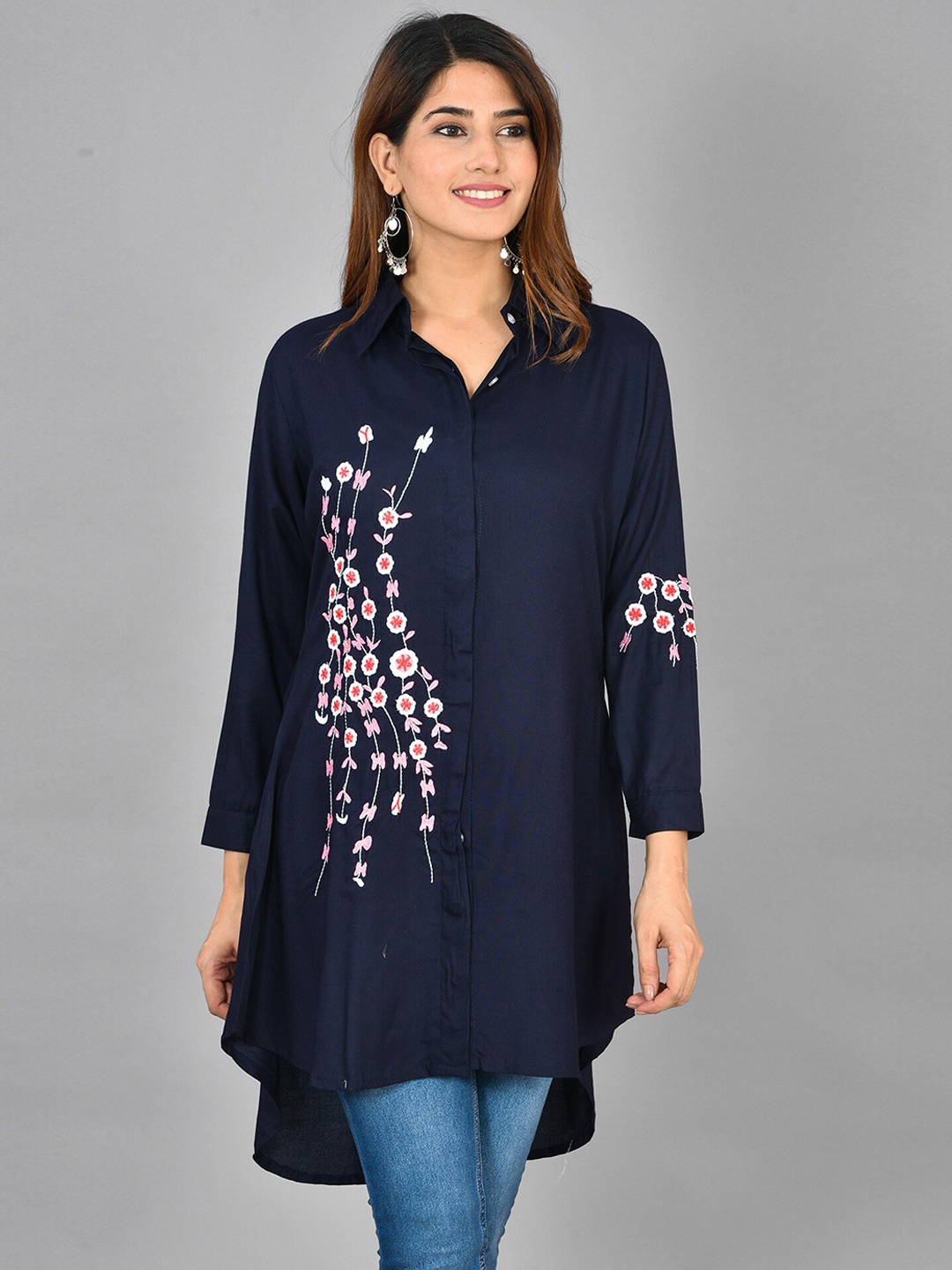 

KALINI Floral Embroidered Shirt Collar Tunic, Navy blue