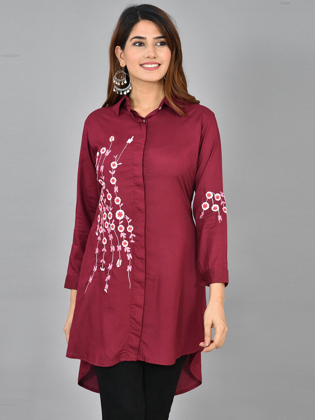 

KALINI Floral Embroidered Shirt Collar Tunic, Maroon