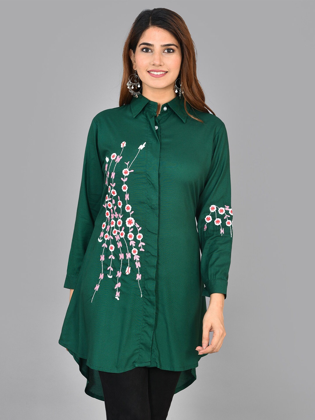 

KALINI Floral Embroidered Shirt Collar Tunic, Green