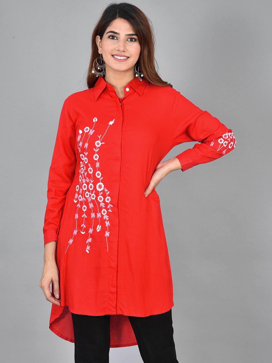 

KALINI Floral Embroidered Shirt Collar Tunic, Red