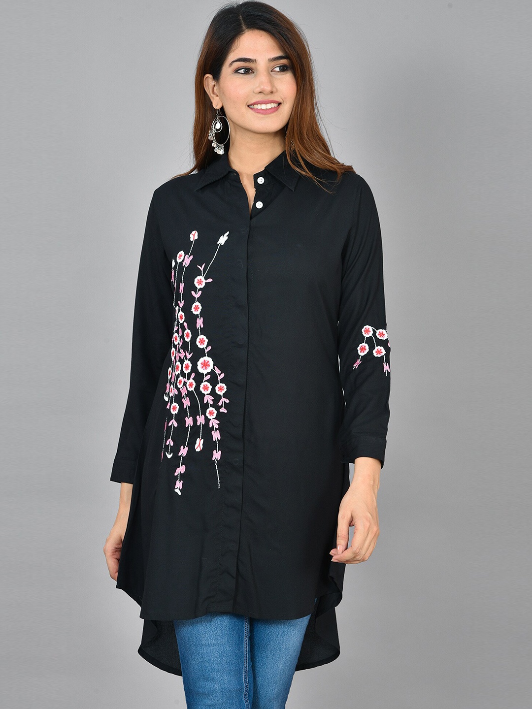 

KALINI Floral Embroidered Shirt Collar Tunic, Black